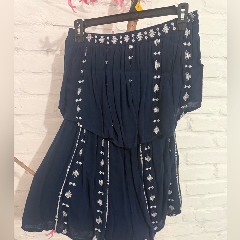 Navy Blue Embroidered Tiered Sundress